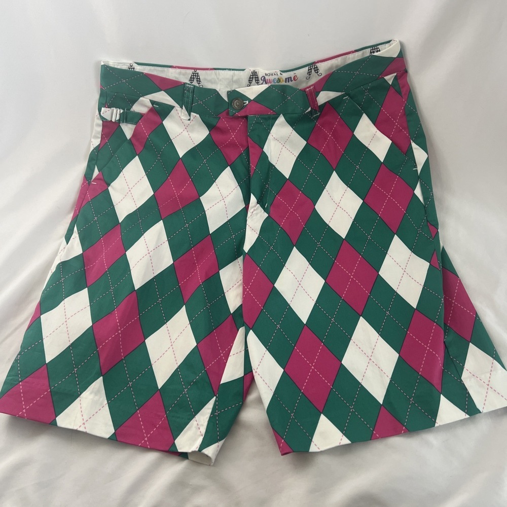 LOUDMOUTH Mens Sz 36 Golf Shorts Multicolored Argyle Pink‎ Green White